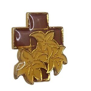 Gold Tone Cross with Yellow Lily Flowers Lapel Pin Religious Easter GGI